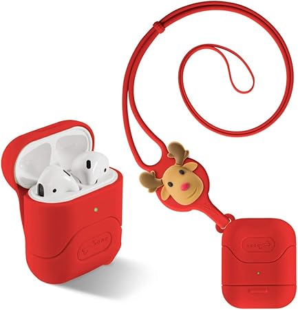 Amazon Bone Airpods ケース シリコンカバー Airpods第1 第2世代に適用 90 以上に蓋をキープ ネックストラップ付き 紛失防止 首かけ 耐衝撃 防塵 滑り止め エアポッド カバー 保護ケース 動物 キャラクター トナカイ レッド Airpods Lanyard Case Bone イヤホン