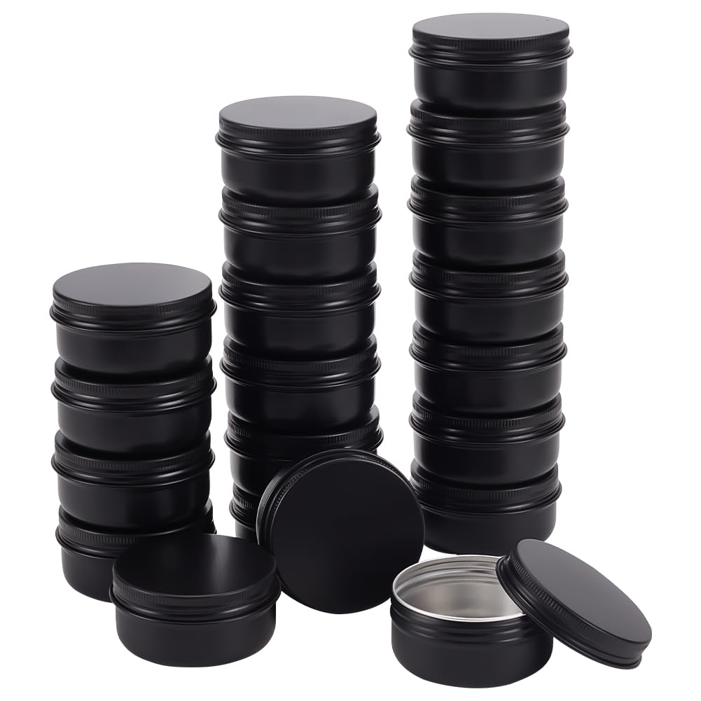 BENECREAT 20 Pcs 50ml Aluminum Tin Jars, Round Aluminum Tin Cans Cosmetic Containers with Screw Lid for DIY Crafts Travel Storage-Black
