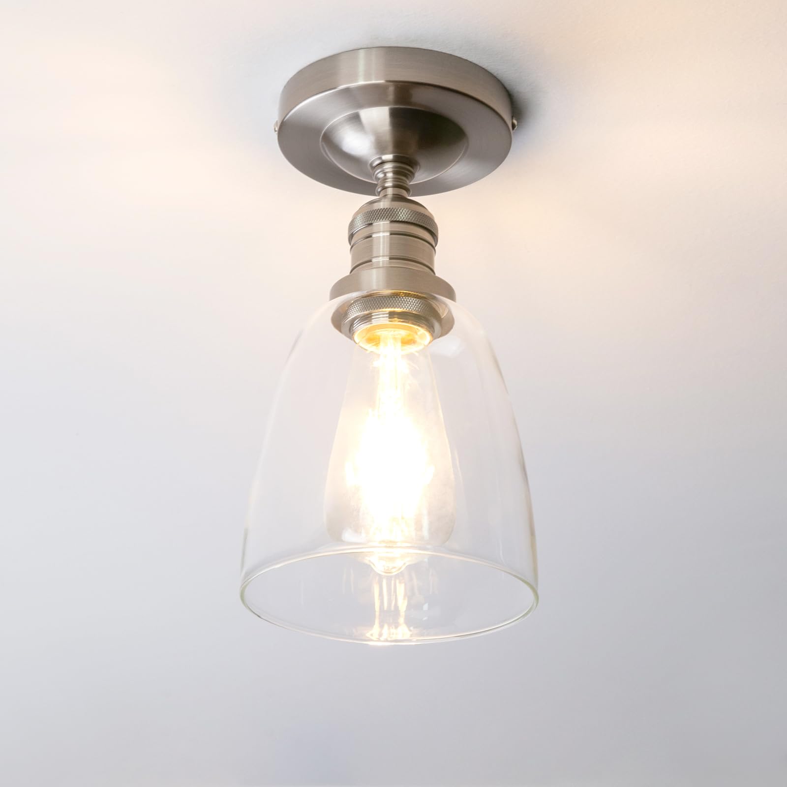 Phansthy Ceiling Light Industrial Lighting Ceiling Retro Pendant Light Bell Shaped Glass Shade Pendant Lighting, E27 Lamp Base, for Corridor Balcony Lighting (Brushed)