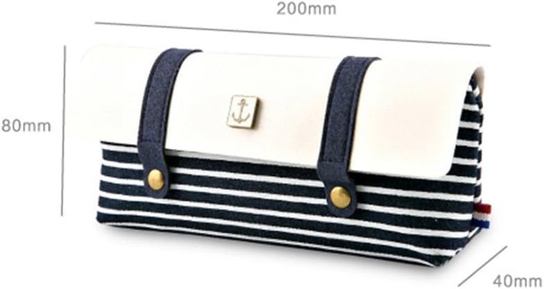 Aikesi Bag Canvas Naval of Makeup of the Boom Box Bag Stripe Wind of the pencil case with double button 1pcs (Red) 20 * 8 * 4 cm dark blue