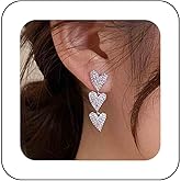 Sttiafay Vintage Heart Drop Earrings Long Heart Dangle Earrings Triple Heart Stud Earrings Silver Love Heart Earrings Jewelry for Women