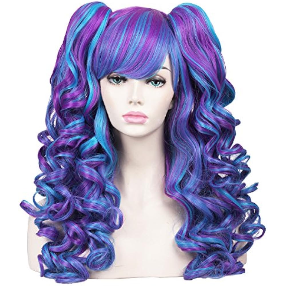 Long Curly Cosplay Wig With 2 Ponytails(Blue/Purple) Beauty