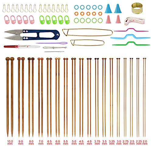 BUZIFU Bamboo Knitting Needles Set, 36PCS Carbonized Knitting Needles Single Pointed Knitting