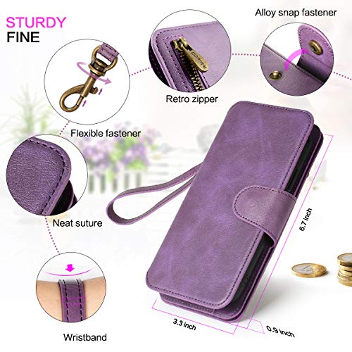 CORNMI iPhone XR Wallet Case, 13 Card Holders Crossbody Wrist Strap Mirror Kickstand Detachable Purse Leather Folio Zipper Pocket Flip Protective Cover