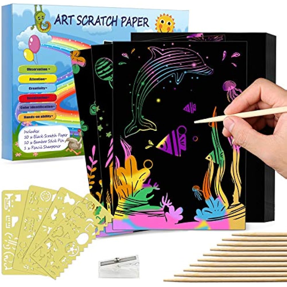 CHEPULA Scratch Art Set 50 Pcs A4 Paper Rainbow Magic Off Arts Supplies