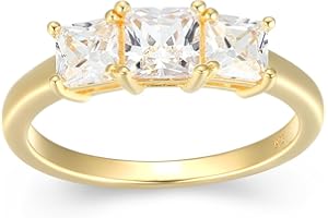 MORGAN & PAIGE .925 Sterling Silver Platinum or Yellow Gold Plated Princess-Cut Cubic Zirconia 3-Stone Engagement Rings for Women - Classic Sparkling Square-Cut Anniversary Sterling Silver Rings Women