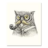 Mustached Owl Art Print Vintage Animal Bird Book Literature Lover Wall Poster Dapper Glasses Pipe Reading Home Decor 8 x 10 inches