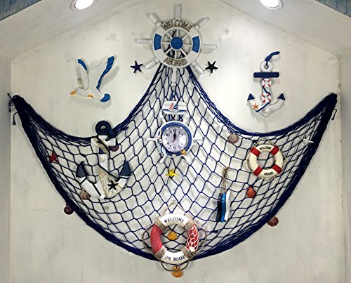 Decorative Fish Net Blue Yagote Mediterranean Style Nautical Decorative Fishing Net with Shells for Home Party Room Decoration 1.5 X 2meter Blue