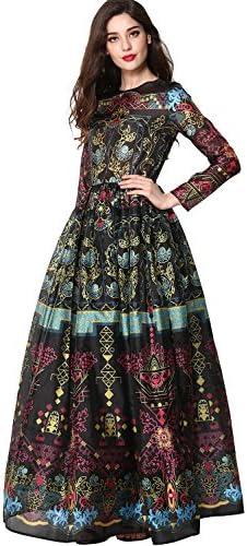 W17104 Ball Gown Dress Full Sleeve Women Black Print Maxi Long Dress
