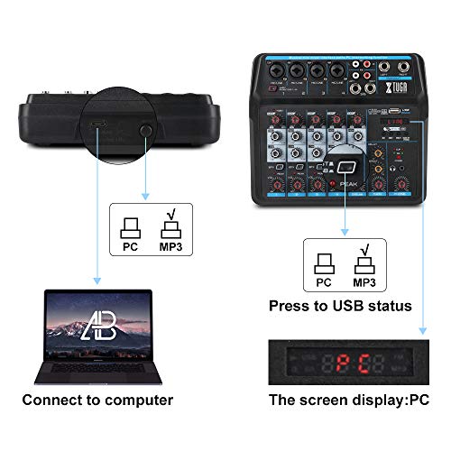 XTUGA AM6 6Channels Audio Mixer Sound Mixing Console with Bluetooth USB Record 48V Phantom Power Monitor Paths Plus Effects Use for home music production, webcast, K song