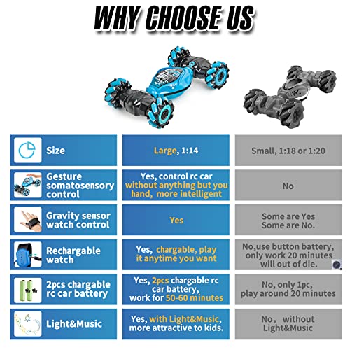 Remote Control Car, 2.4G 4WD Gesture RC Car, All Terrains Double Sides Rotating Hand Controlled RC Cars, Hand Gesture Remote Control Car with 2 Batteries, RC Cars for Boys and Girls with Light Music