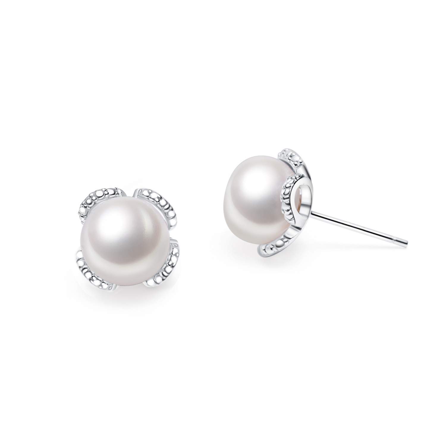 VIKI LYNN Women 925 Sterling Silver Four Leaf Clover 8-9mm Freshwater Pearl Earrings
