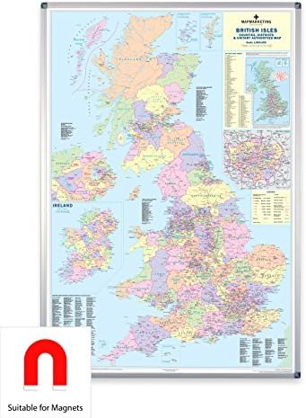 UK Counties Large Wall Map For Business (Laminated With Aluminium Frame & Metal Backing)