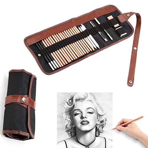 Soosee 29 Pieces Professional Sketching & Drawing Art Tool Kit with Graphite Pencils, Charcoal Pencils, Paper Erasable Pen, Craft Knife-Lightwish (Without Sketchbook, Canvas Rolling Pouch)