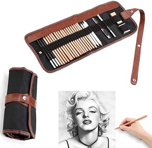 Soosee29 Pieces Professional Sketching & Drawing Art Tool Kit with Graphite Pencils, Charcoal Pencils, Paper Erasable Pen, Craft Knife-Lightwish (Without Sketchbook, Canvas Rolling Pouch)