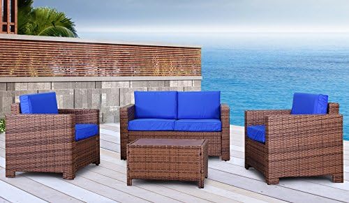 The Eden Rock Collection - 4 Pc Outdoor Rattan Wicker Sofa Sectional Patio Furniture Set. Choice of Set &amp; Cushion Color (Light Brown / Dazzling Blue Cushions)