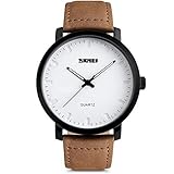 Mens Unique Analog Quartz Waterproof Business Casual Leather Band Dress Wrist Watch with Simple Fashion Classic White Time Mark Design, Key Scrath Resitant Face, 98FT 30M Water Resistant - White