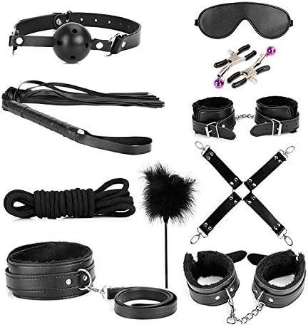 10PCS restraintromance Kit Bed restraint System with Adjustable Soft Fur Leather Love Cuff, Black