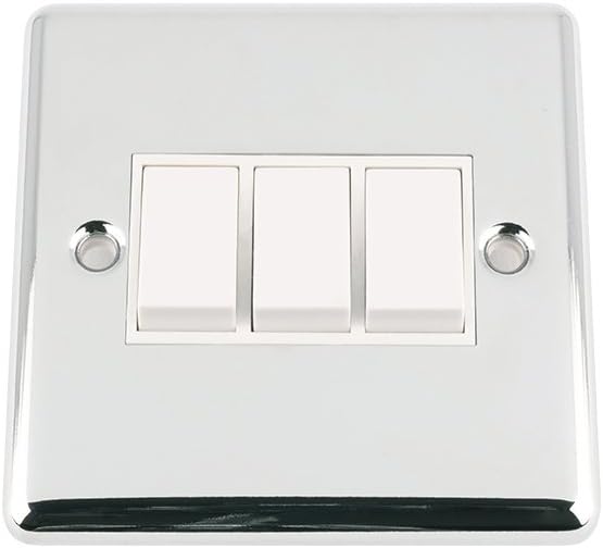 Light Switch 3 Gang - Polished Chrome - Classic - White Insert Plastic Switch - 10 Amp Triple 3 Gang 2 Way