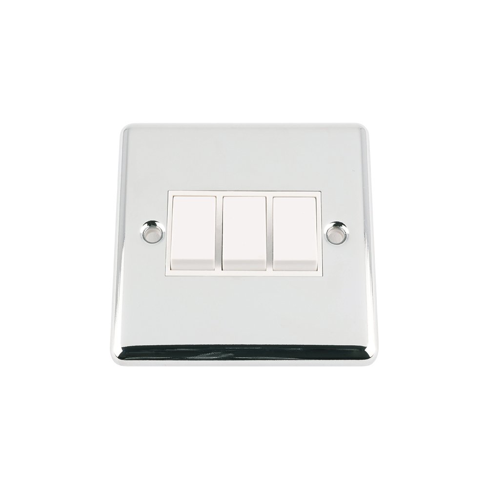 Light Switch 3 Gang - Polished Chrome - Classic - White Insert Plastic Switch - 10 Amp Triple 3 Gang 2 Way