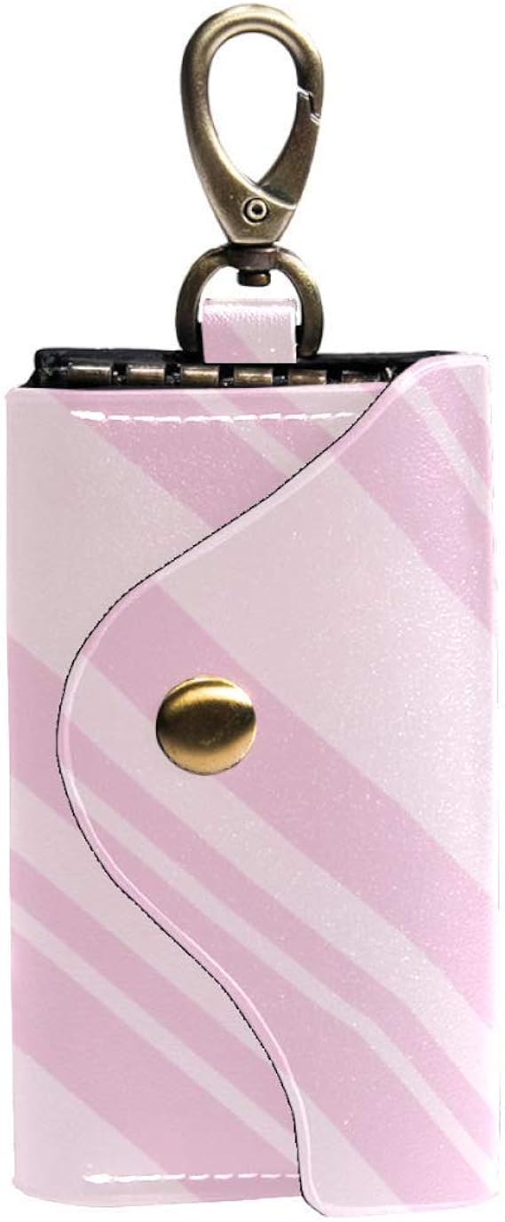 Pocket Key Case Leather Keyring Bag Lines Stripe Pink Keychain Wallet