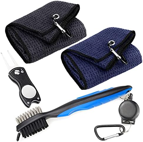 Favritt Microfiber Waffle Pattern Tri-fold Golf Towel Set|2 Golf Towel (Black/Navy) |Foldable Divot Tool with Magnetic Ball Marker| Golf Club Brush(4 Pack)