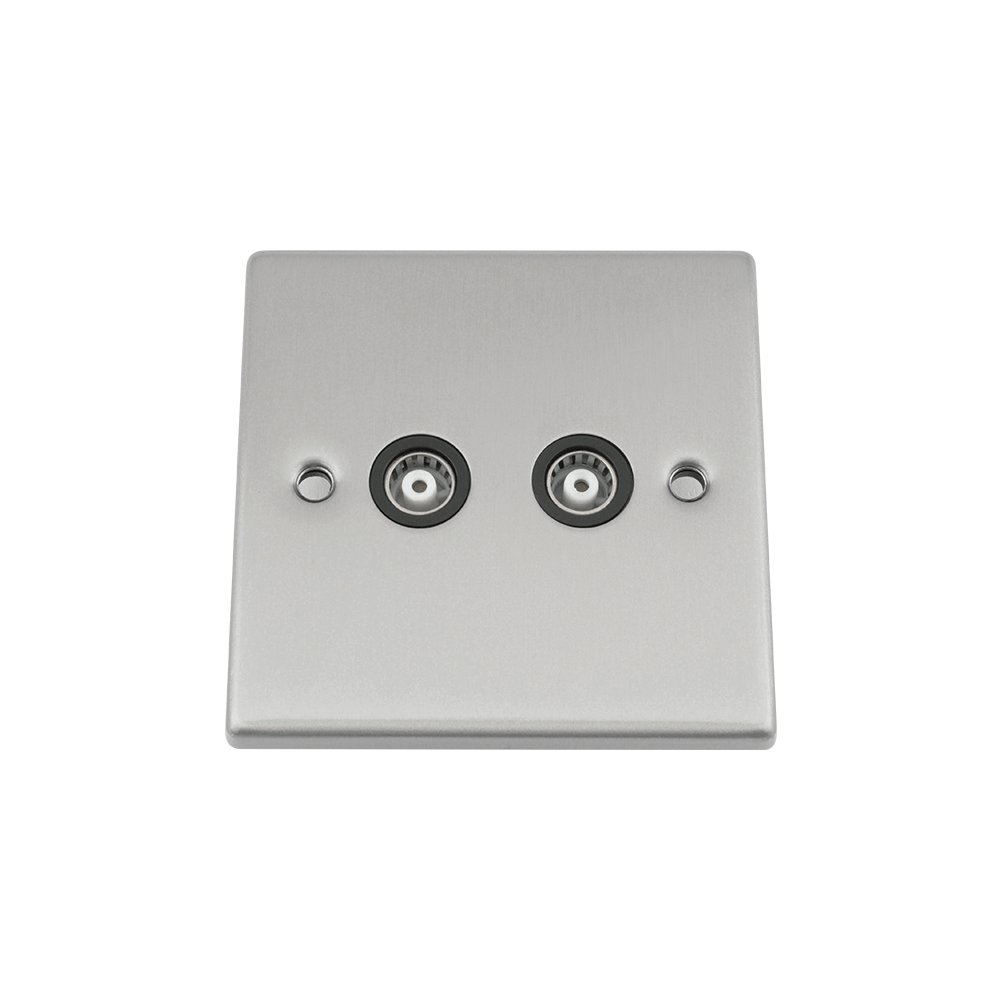 TV Coaxial Aerial Socket Double 2 Gang Satin Chrome Black Square