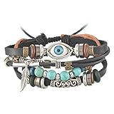 MJartoria Halloween Evil Eye Feather Turquoise Charms PU Leather Hemp Cord Multi Strands Adjustable Wrap Bracelet