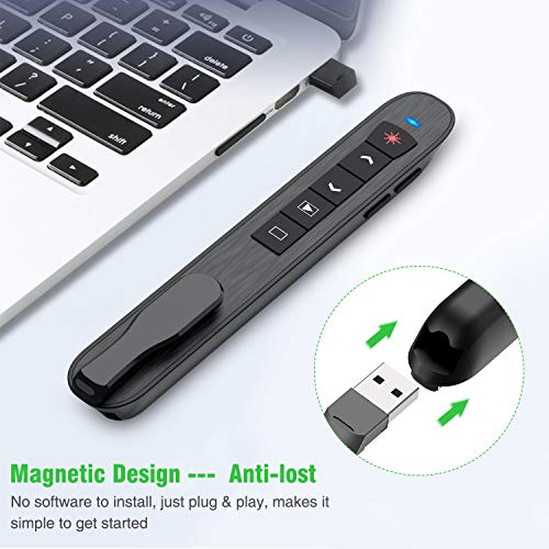 DinoFire Wireless Presenter Remote with Green Light, Rechargeable PowerPoint Clicker,RF 2.4GHz Presentation Pointer Slide Advancer with Hyperlink Volume Control