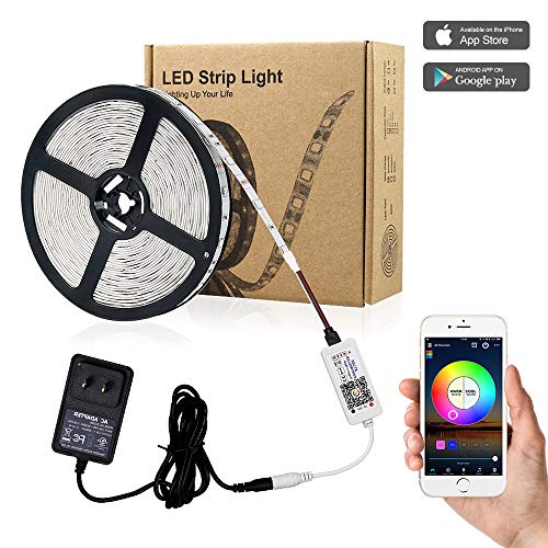 Zombber Bluetooth RGB LED Strip Lights Kit, Comes with 16.4 Foot 5050 150 LEDs 12v Light Strips, Bluetooth Controller and AC/DC Power Supply, PC TV Dimmable LED Strip, Works with Android, IOS System