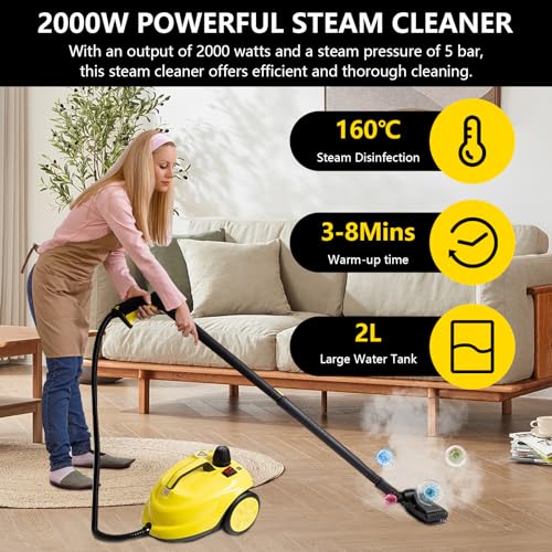 Steam Cleaner 2000 W, Multi-Purpose Steam Cleaner for Home, 2L Water Capacity, Steam Pressure: 5 Bar, Steam Cleaner Handheld Device with Floor Cleaning Kit, Nozzles for Carpets, Floors, Tiles, Windows