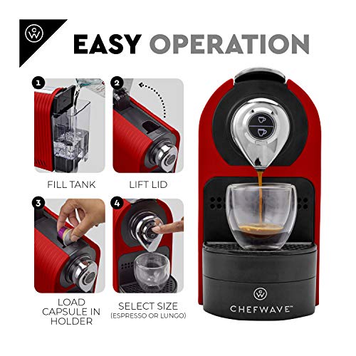 ChefWave Mini Espresso Machine - Nespresso Capsules Compatible - Programmable One-Touch 27 Oz. Water Tank, Premium Italian 20 Bar High Pressure Pump - 40 Pod Holder, 2 Double-Wall Glass Cups - Red - Thumbnail 4