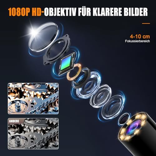 Endoskopkamera mit Licht, SKYBASIC Industrie Endoskop, 4.3-Zoll-IPS- Bildschirm Inspektionskamera,IP67 Wasserdichtes,1080P HD Rohrkamera mit 8 Einstellbaren LEDs -16.5FT/5M Halbstarres Kabel