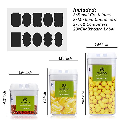 MCIRCO Air-Tight Food Storage Container Set- 6 Piece Set with Free 10 Chalkboard Labels and 1 Chalk Marker- Food Grade Durable Plastic BPA Free - Keep Food Dry & Fresh with Easy Lock