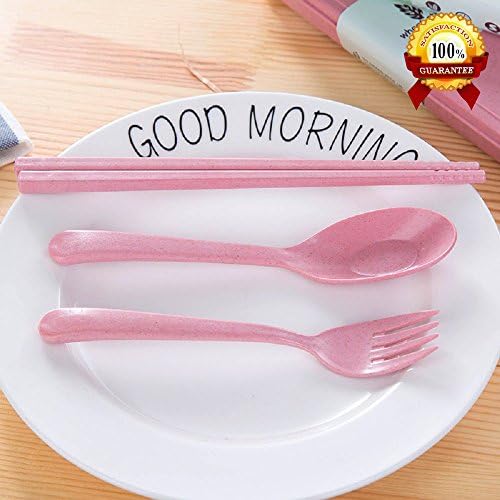 Top Rated QG 2 Sets Creative Tableware - Fork, Spoon and Chopsticks Made by Wheat Straw - Environment Friendly, Safe to Use and Very Suitable for Camping, Picnic and Travel. (2 Set Pink)