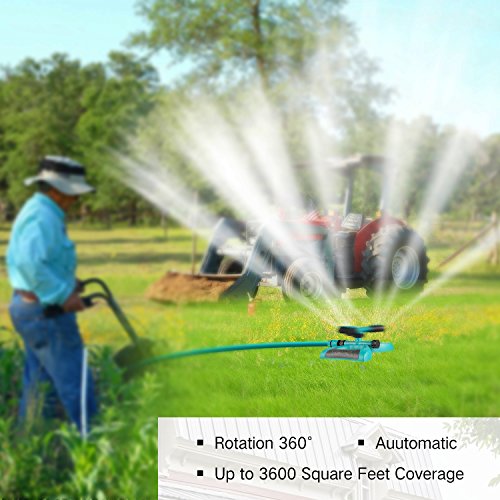 Lawn Sprinkler, Automatic 360°Rotating Garden Sprinkler Heads Adjustable Garden Watering Sprinklers with 3600 SQ FT Coverage Lawn Irrigation System Leak Free Design Durable 3 Arm Sprayer for Kids Play