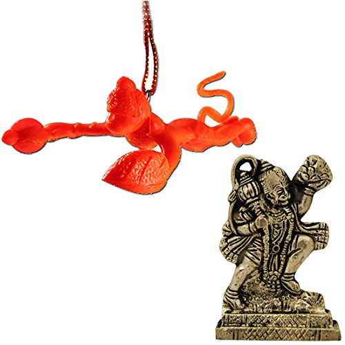 Divya Mantra Combo Of Orange Flying Hanuman Car Mirror Hanging and Hindu God Hanuman Idol Sculpture Statue Murti