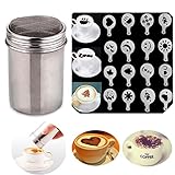 Buytra Stainless Steel Coffee Shaker Duster Icing Sugar Powder Cocoa Flour Sifter with 16 Pieces Cappuccino Barista Coffee Art Stencils