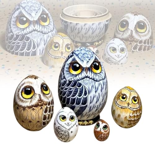 AEDNX Owl Nesting Egg Wooden Craft, Realistic New Owl Nesting Egg, Owl Nesting Eggs Ornament Easter Home Decor,Lucky Mini Wooden Craft 5 Pieces Owl Family Nesting Dolls