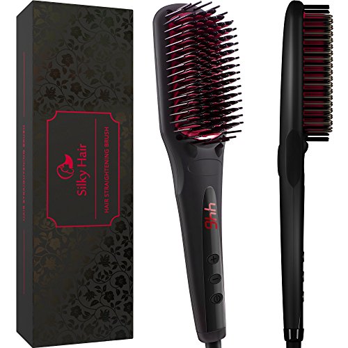 Hair Straightening Ceramic Brush - Frizz-Free - Iron Brush Straightener, Anti Scald, Adjustable Temperature, LCD Display, Flat Iron Bristles