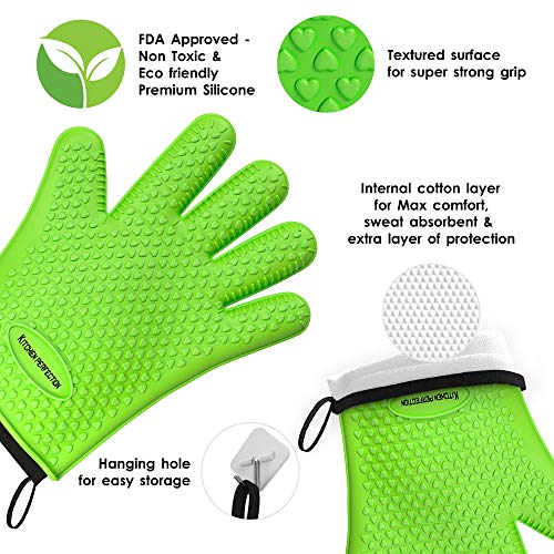 No.1 Set of Silicone Smoker Oven Gloves - Extreme Heat Resistant Washable Mitts for Safe Cooking Baking & Frying at The Kitchen,BBQ Pit & Grill. Superior Value Set + 3 Bonuses (Green)