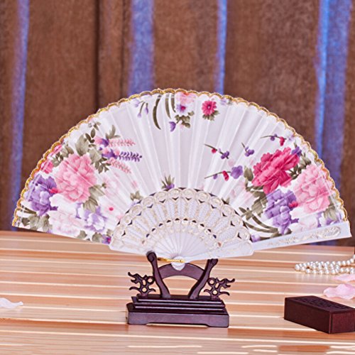 Eshylala Lace Silk Folding Hand Held Flower Pattern Fan for Dance Wedding Party,Chinese Style Folding Fan