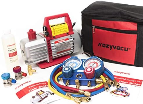 Kozyvacu AUTO AC Repair Complete Tool Kit with 1-Stage 3.5 CFM Vacuum Pump, Manifold Gauge Set, Hoses and its Acccessories