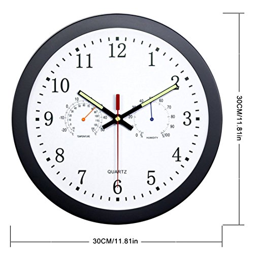 Petforu 12-Inch Night Light Wall Clock Grow-in-The-Dark Temperature Humidity Monitor Clock Specialty (Black)