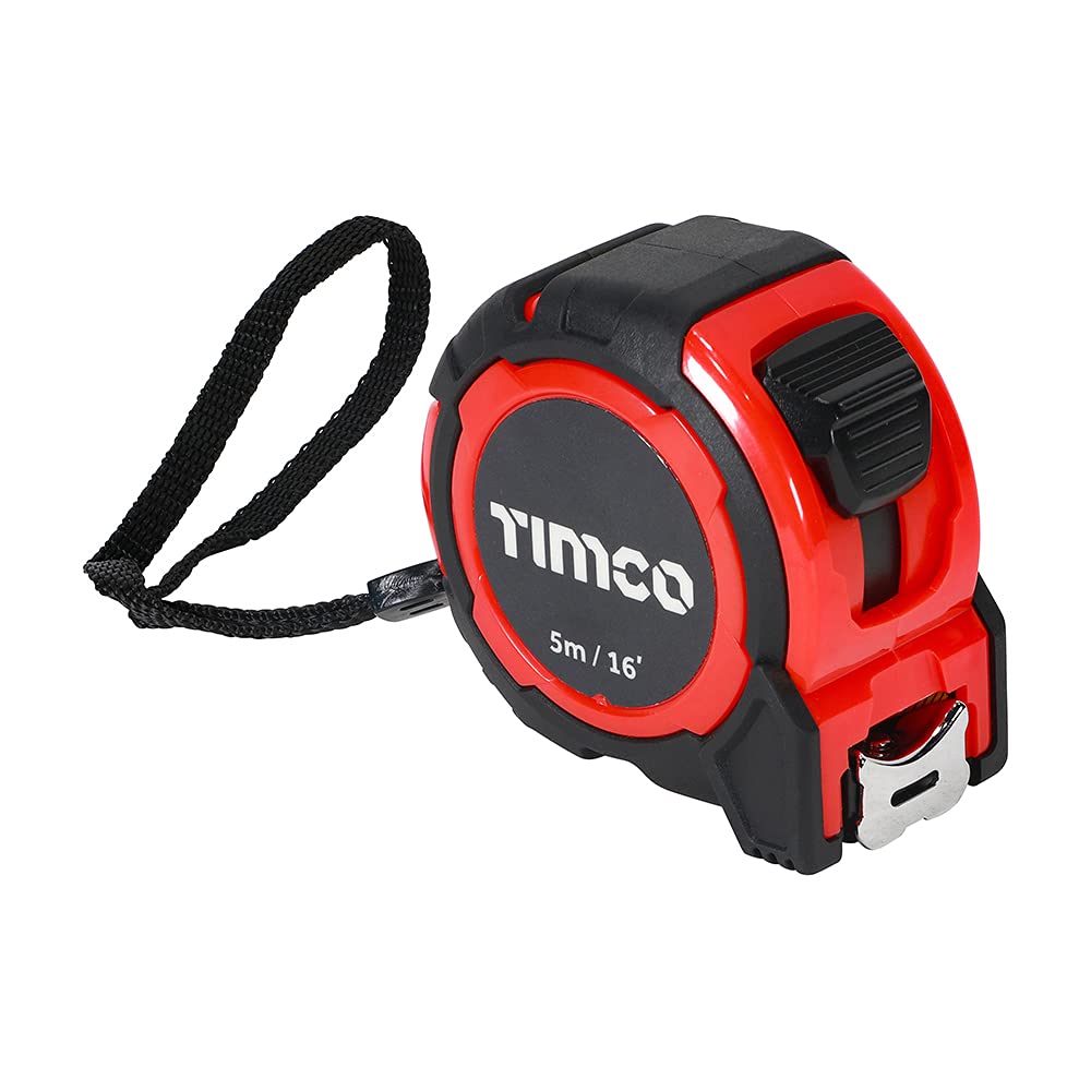 TIMCO 5M Tape Measure - 5m/16ft x 25mm - With locking button, belt clip and hand strap - Metric and Imperial tape measure