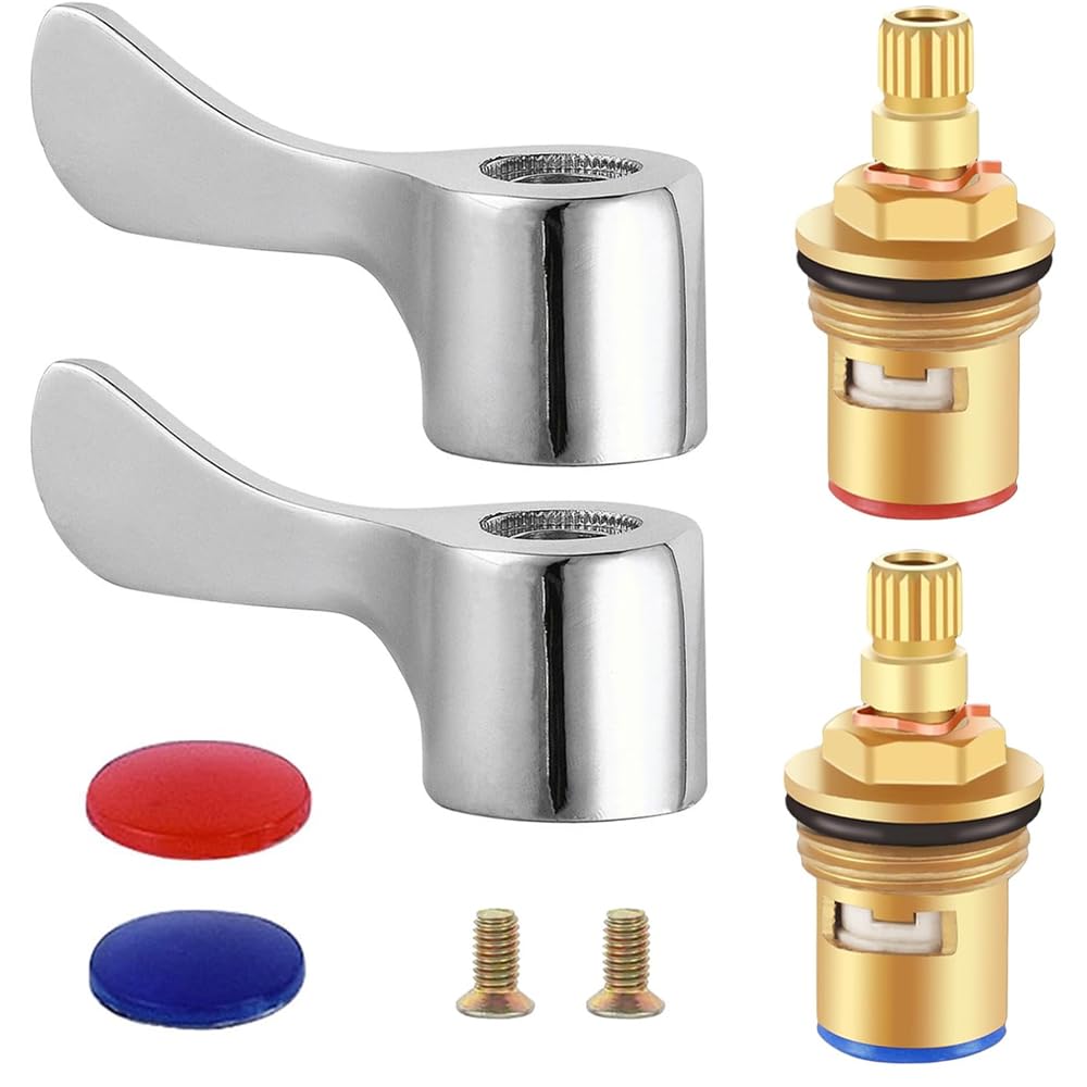 Replacement Tap Valves, 2 Sets Tap Cartridge Replacement Mixer Universal 1/2" Replacement Tap Valves with 2 Metal Lever Heads for Kitchen Bathroom Tap Replacement
