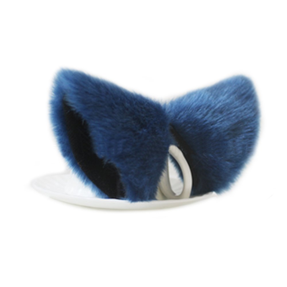 E-TING Cat Fox Fur Ears Headband Anime Party Costume Dark Blue with Black Inside