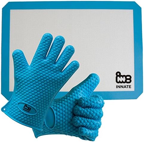 INNATE Silicone cooking gloves & baking mat: non stick/ non slip/ heat resistant. Barbeque (BBQ)/ grill glove hand protection + food safe cooking sheet tray liner 16.5 x 11.5/8. Easy wash.