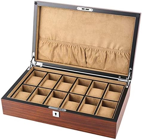 GQSHK 12 Slots Wood Watch Box Jewelry Collection Case Organiser Holder with Removable Watch Pillows, Velvet Lining, Metal Clasp (Brown)