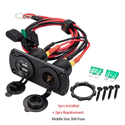 DIY Series YCIND Female Cigarette Lighter Socket Dual USB Charging Power Outlet Heavy Duty 30A Fuse 12V Car Truck Boat Marine RV Mobile DIY Kit 12AWG Cord 3Ft